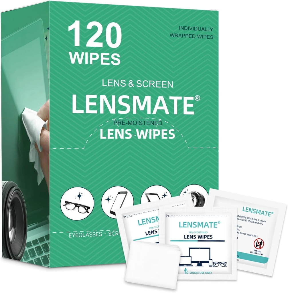 Lensmate 120 Lens Wipes for Eyeglass, Pre-Moistated & Individually Wrapped Eyeglass Wipes, Lens ניקוי Wipes עבור משקפיים, משקפי שמש, משקפי שמש, משקפי שמש ומצלמה Lens