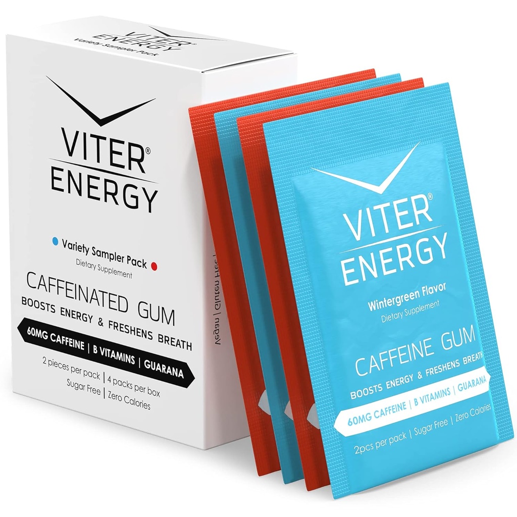 Viter Energy Caffeinated Gum 60mg Caffeine, B ויטמינים, Guarana, סוכר חינם (Variety, 2pcs, 4 Pack)
