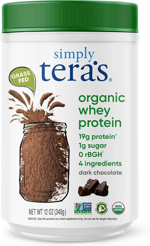 אבקת חלבון אורגני של tera - Grass פד Whey חלבון אבקת ללא ממתקים מלאכותיים, נקי, non-GMO, Gluten-Free - Dark Chocolate, 12 Oz.