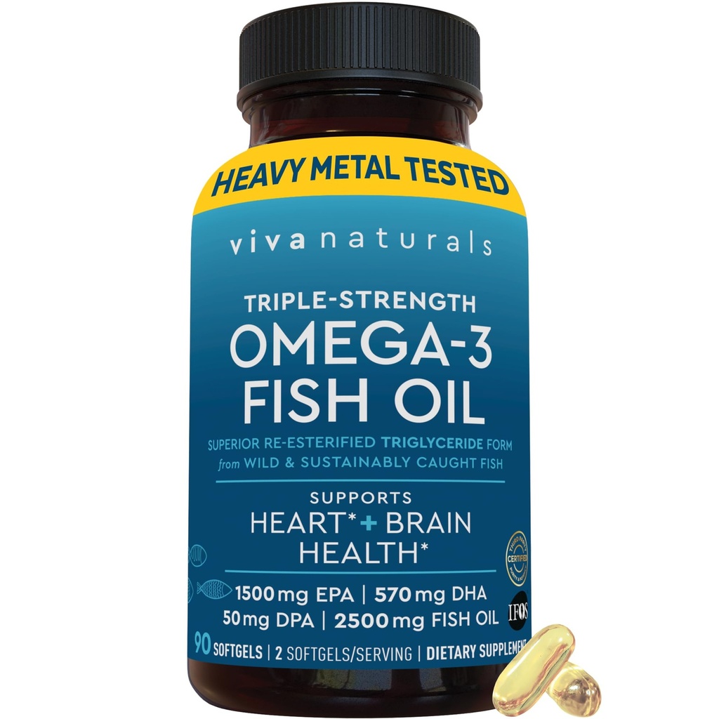 Viva Naturals Triple Power אומגה 3 פילות שמן דגים - 2500 מ"ג גבוה פורמולה עם 2250 מ"ג אומגה 3 חומצות שומן (כולל EPA, DHA, DPA) בצורת rTG עבור Absorption - IFOS מוסמך, Softgels 90