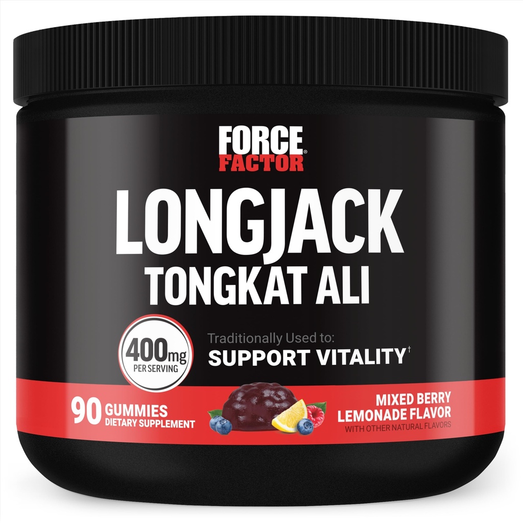Force Factor Longjackטונגkat Ali Gummies, Tongkat Ali for Men כדי לתמוך ב Vitality זכר ו Drive, 400 מ"ג טונגקט עלי עם BioPerine, מעורב ברי לימונדה, 90 מסטיקנים