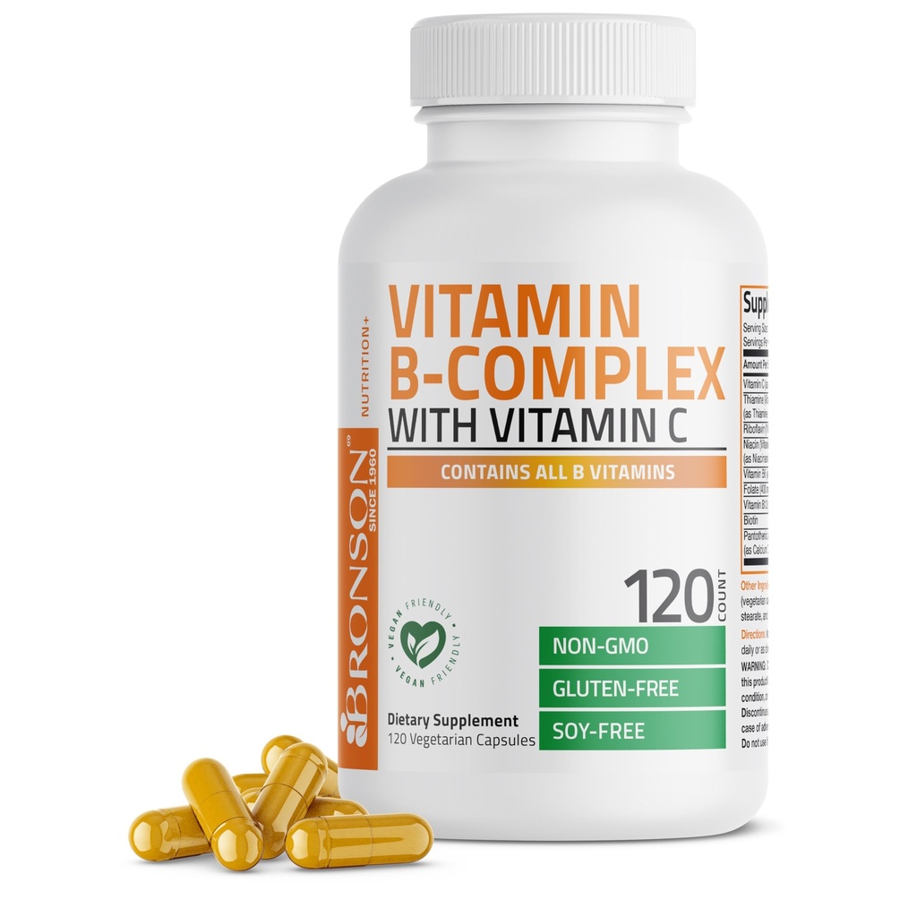 Bronson ויטמין B Complex עם ויטמין C - Immune Health, Energy Support & Nervous System Support - Non-GMO, 120 קפסולות צמחוניות