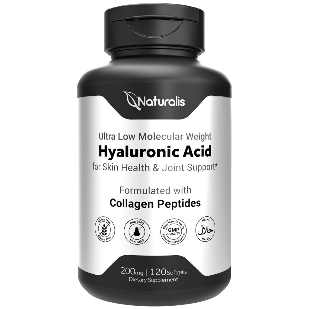 Naturalis Hyaluronic Acid 200 מ"ג, 10x Better Absorption Ultra Low Molecular Weight with Collagen, Biotin, Selenium & E | שיער, עור, ציפורניים ותוספים משותפים | 120 Softgels