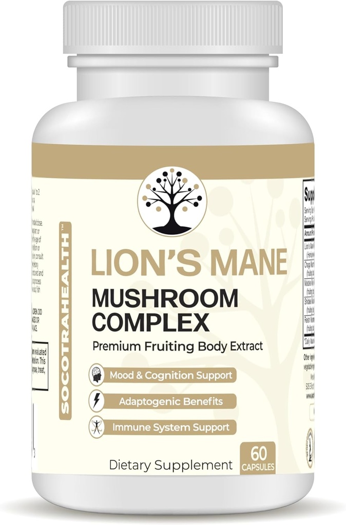 Lions Mane Mushroom תוסף - Premium Fruiting Body Extracting - עם Chaga, Maitake, Shitake, Reishi - Mood, Brain and Immune Support, Fitogen - Non-GMO - 60 קפסולות טבעוניות