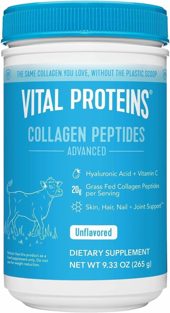 חלבונים Vital Grass Fed Collagen אבקת תוספת hydrolyzed פפטים עם Hyaluronic Acid ו ויטמין C - non-GMO, חלב וגלוטן חינם unflavored, 9.33oz