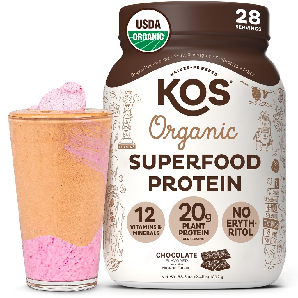 KOS Vegan Protein Powder Erythritol Free, Chocolate - Organic Pea Protein Blend, Plant Based Superfood Rich in Vitamins & Minerals - Keto, Dairy Free - Meal Replacement for Women & Men, 28 Servings