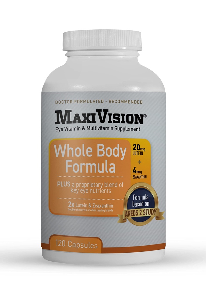 MaxiVision® areDS 2 Whole Body Formula - AreDS 2 ויטמין W/Lutein ו-Zaxanthin - עבור Macular Support - תוספי עיניים עבור עין סטרין - 120 קפסולות ספירה, 1 בקבוק