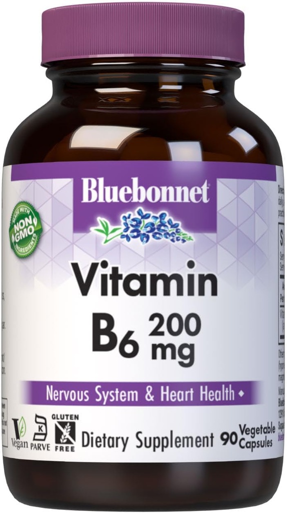 Bluebonnet Nutrition ויטמין B6 קפסולות ירקות, 200 מ"ג, עבור Cardiovascular ו- Nervous System Health, Soy Free, Gluten Free, Kosher, Milk Free, Vegan, Non-GMO, 90 קפסולות ירקות, 90 משרתות, 90 לשרתים.