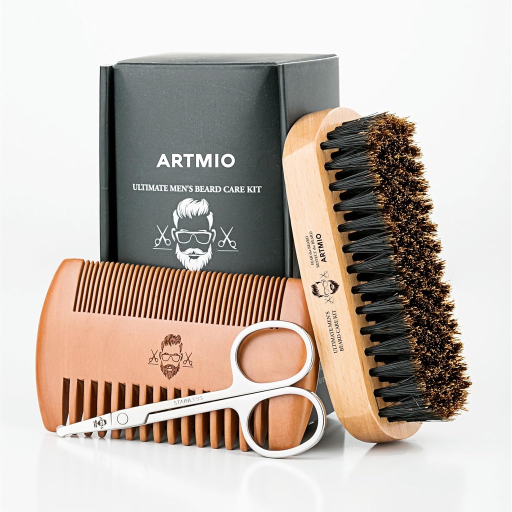 Beard Brush, Comb and Scisors Set for Men's Beard Care - Boar Bristle Hair Brush & Wooden Comb & Stainless Scisors - Beard Styling, Grooming & Shaping Tools