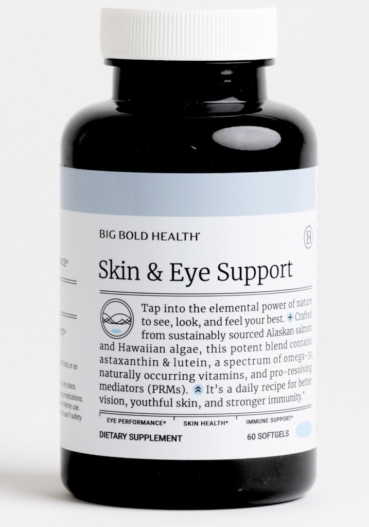 Big BOLD HEALTH Skin & Eye Support אומגה 3 עם שמן סלמון אלסקה, DHA, Astaxanthin & Lutein for Vision, Skin Health & Immunity (60 Softgels)