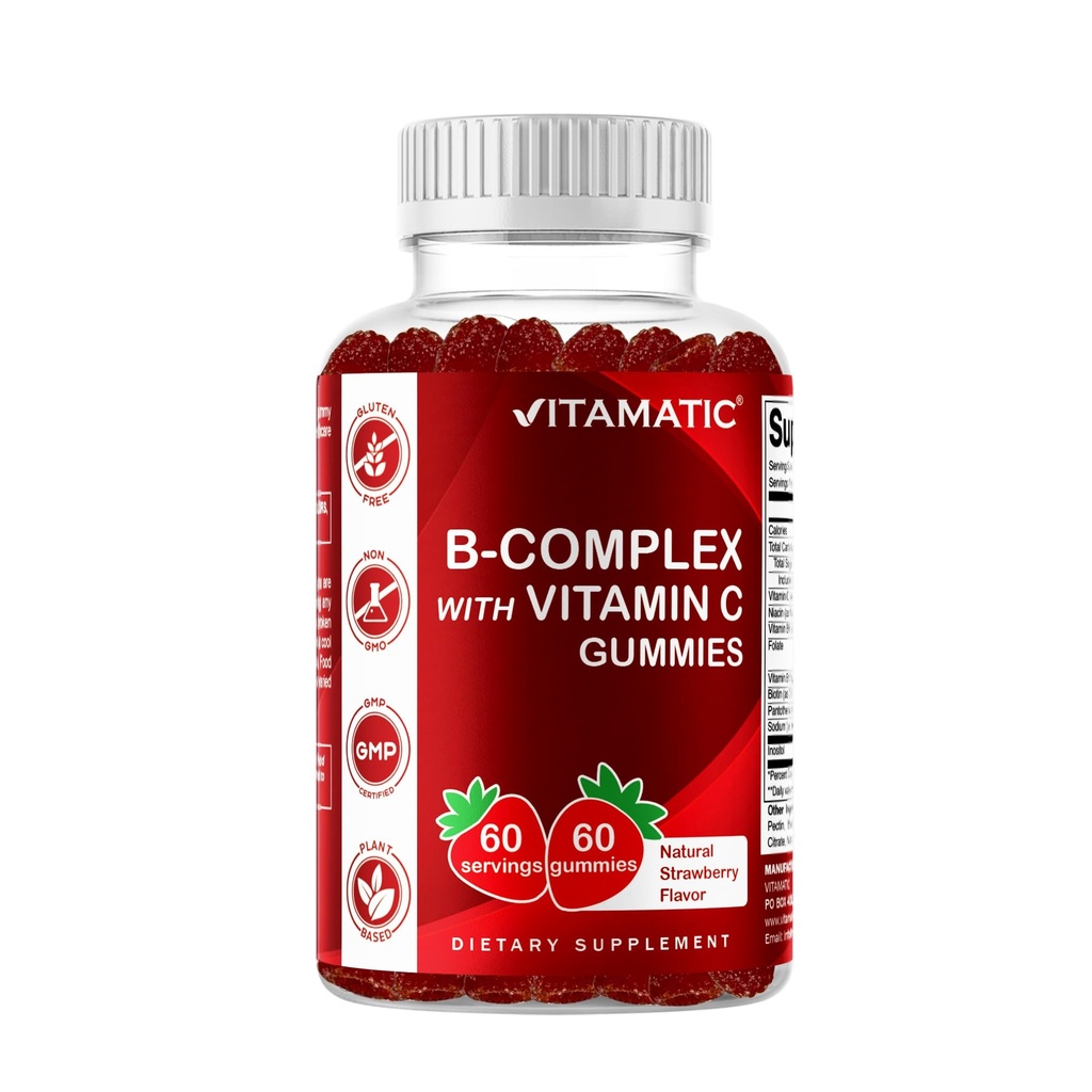 ויטמין Vitamatic B Complex Gummies עם ויטמין C & Inositol - Natural Strawberry Flavor - 60 מסטיק (1בק)