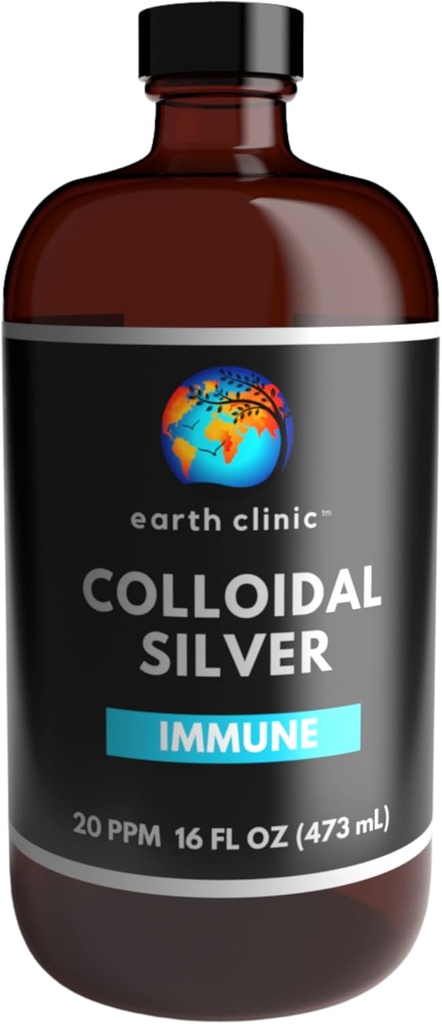 Earth Clinic ® Colloidal Silver 20 PPM, 16oz (473mL), אמבר זכוכית גדולה - Immune Support