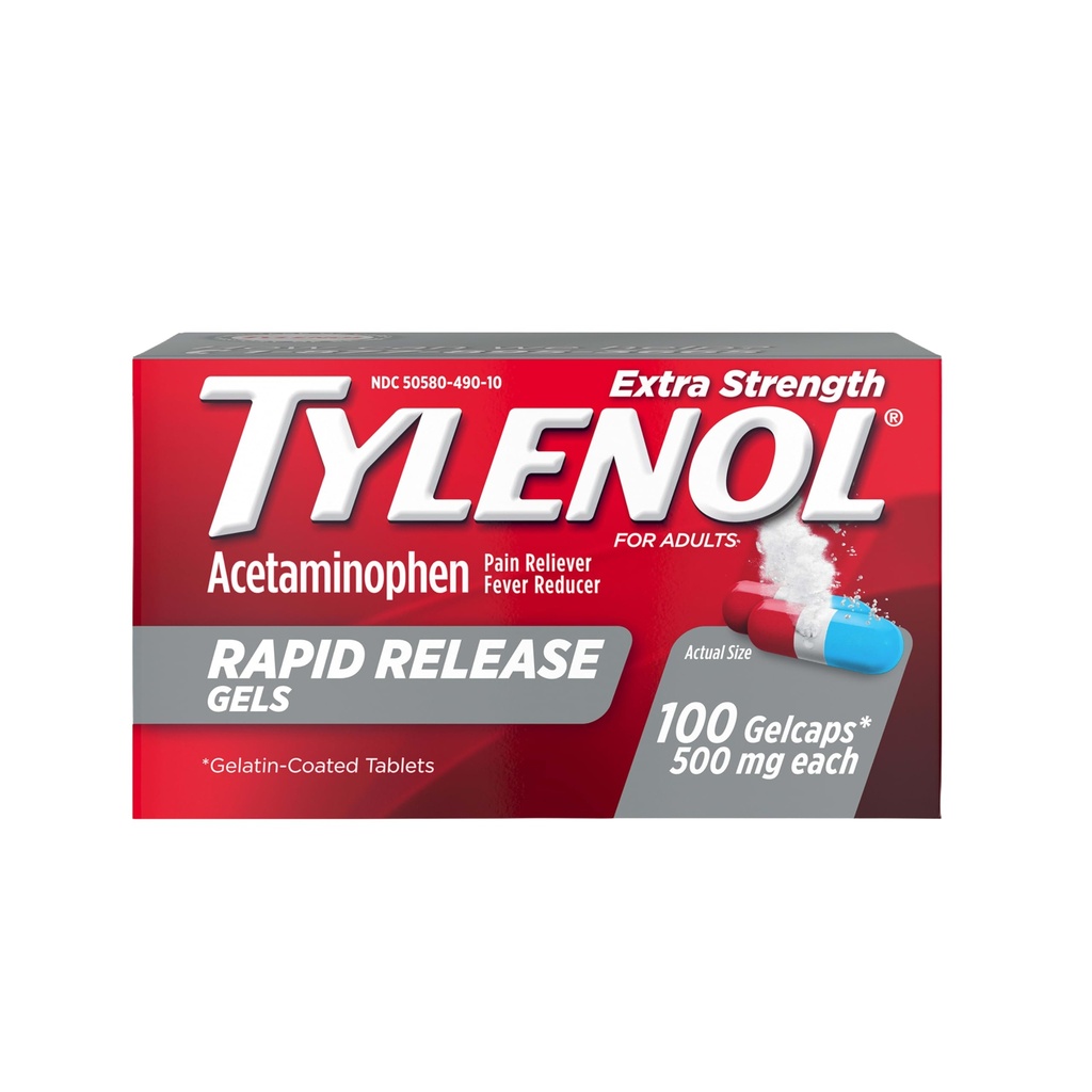Tylenol תוספת כוח Acetaminophen Rapid Release Gels, Pain Reliever & Fever צמצם, Gelcaps עם לייזר-Drilled Holes עבור שחרור מהיר, Gentle על Stomach, 500 מ"ג Per Gelcap, 100 הרוזן OTC רפואה רפואה רפואה