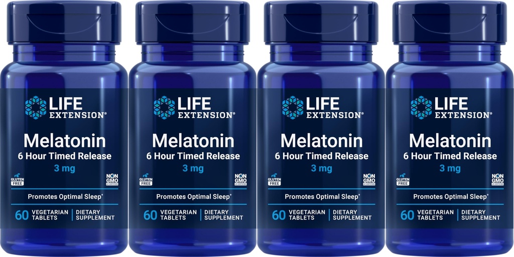 Life Extension Melatonin 6 Hourd לשחרר 3 מ"ג, 60 טבליות צמחוניות (Pack of 4)