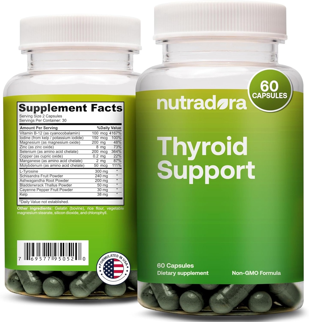 תמיכה Thyroid לנשים וגברים - תוסף Thyroid עם Iodine, ויטמין B12, Ashwagandha, Selenium ו Zinc תוספים, GMP מוסמך, פורמולה בארה"ב, 60 קפסולות (Pack of 1)