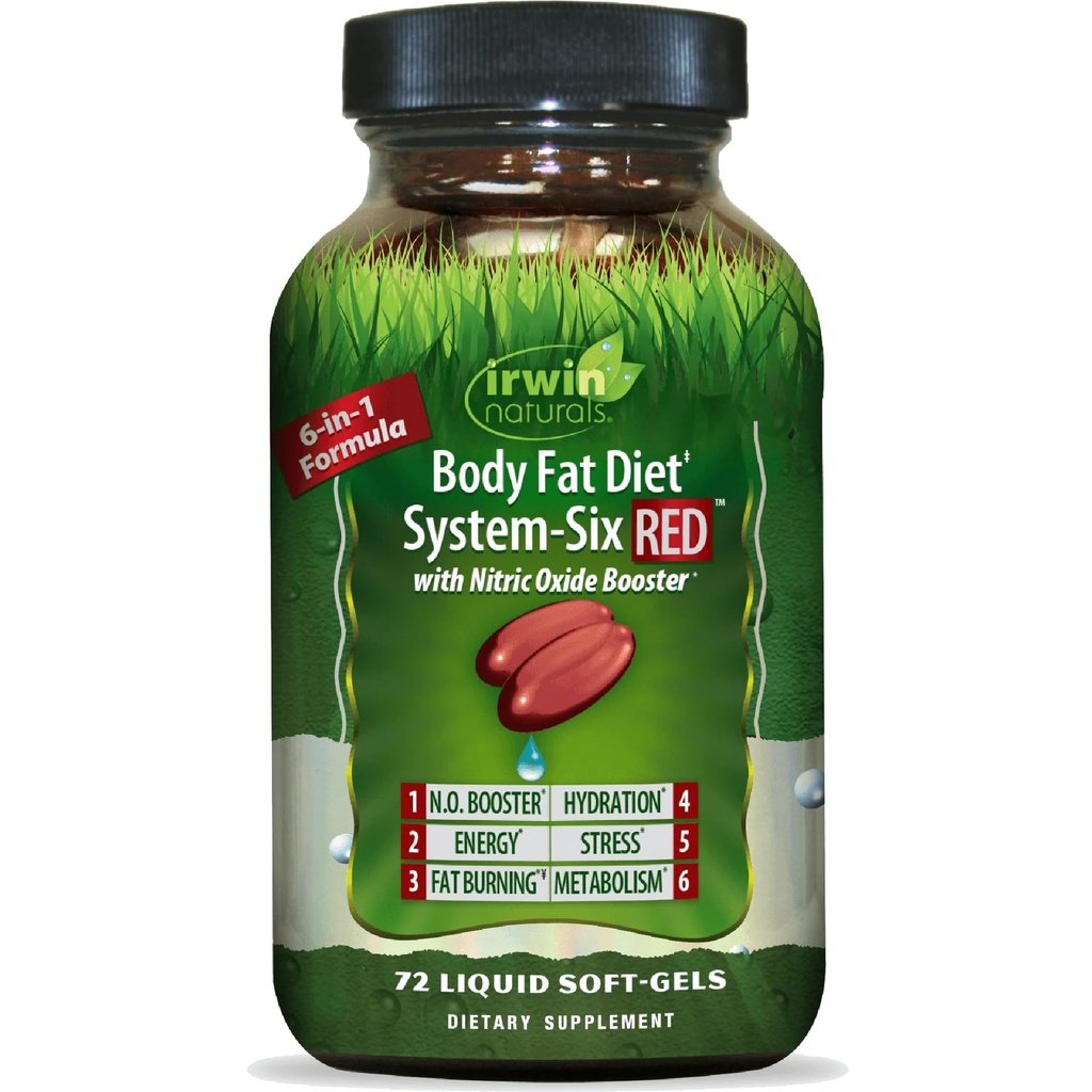 Irwin Naturals Body Fat Diet System-Six RED - 72 נוזלים Soft-Gels, 6-in-1 פורמולה עבור ניהול משקל עם Nitric Oxide Booster - 24 סך כל המשרתים