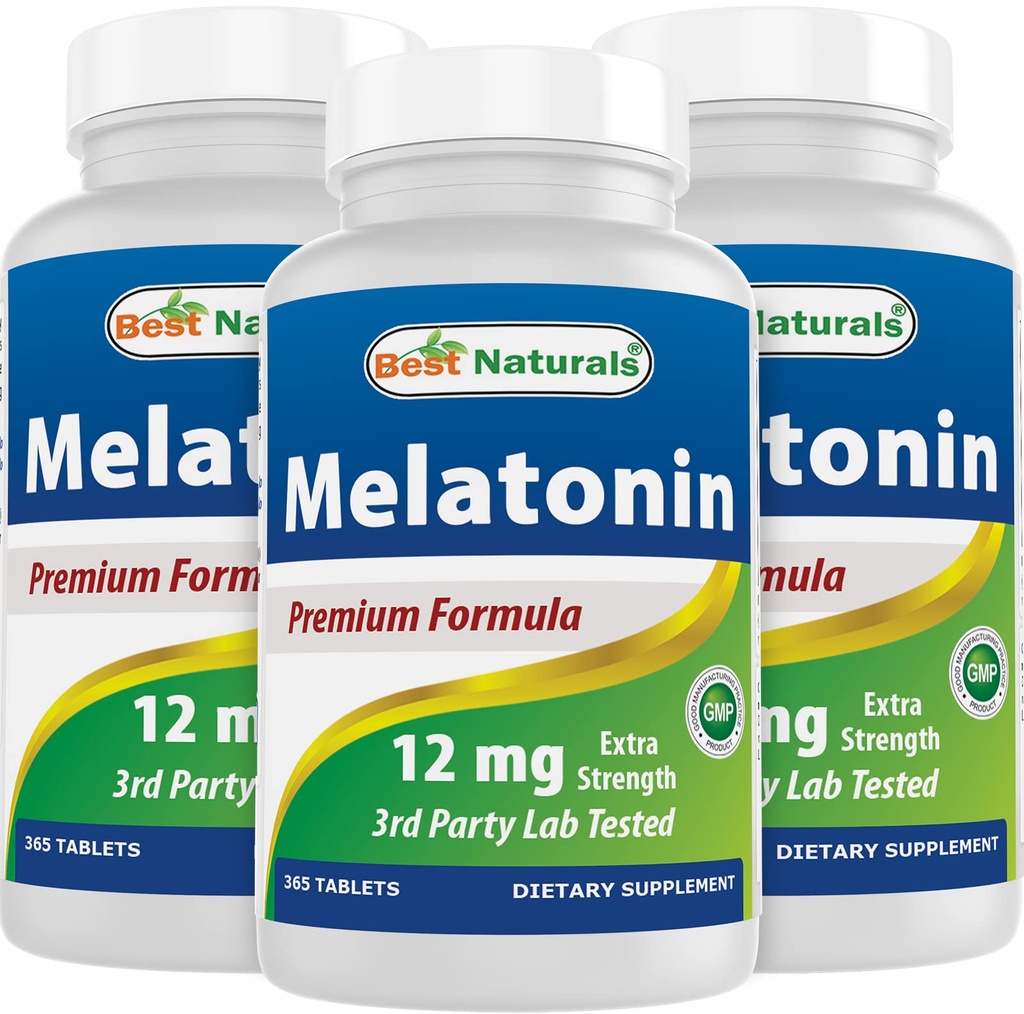 Best Naturals Melatonin 12 מ"ג (1 שנה אספקה) - ארוחת ערב ללא סמים Sleep Aid - Melatonin for Sleep andlaxation, 365 Count (Pack of 3)