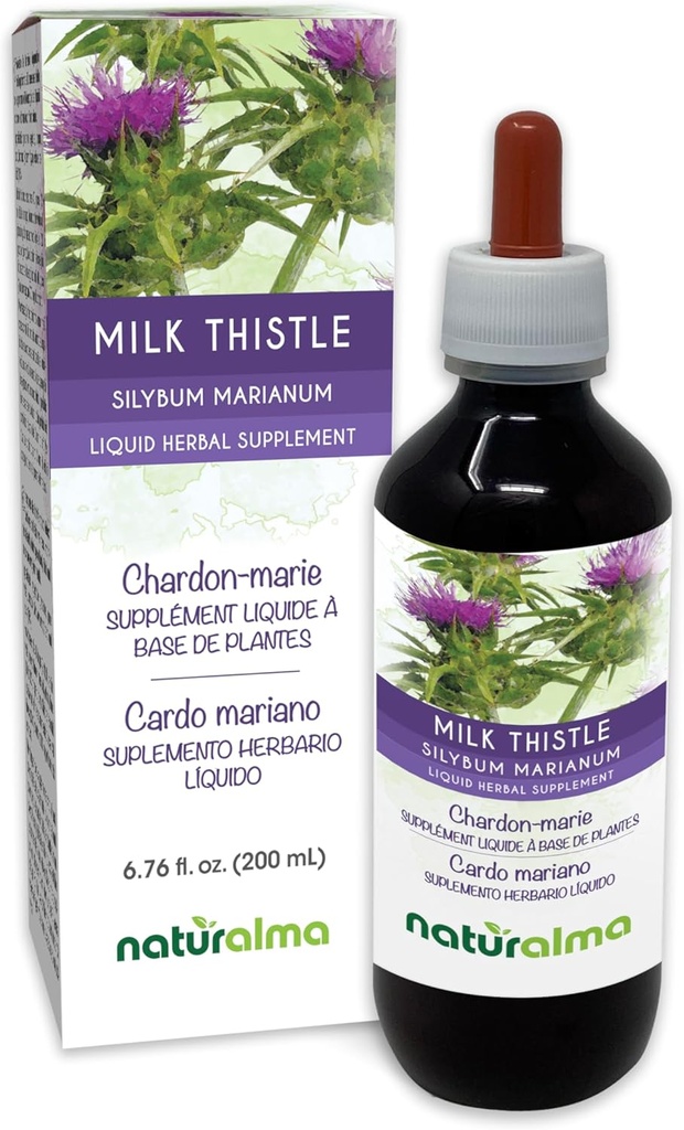 Naturalma Milk Thistle (Slybum Marianum) פירות ו- herb אלכוהול חינם Tincture - 6.76 fl oz נוזל לחלץ טיפות - תוסף צמחי - טבעוני