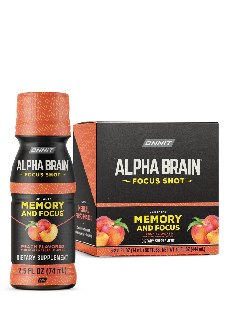 OnNIT Alpha Brain Focus Shot, Peach Flavor, Nootropic Dietary drink that Supports Energy, Focus and Mood, IGTM Non-GMO נבדק, 2.5 floz, 6 Count