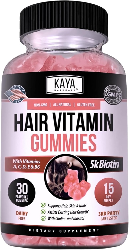 Kaya Naturals Hair growth Gummies - ביוטין 5000mcg ויטמינים לשיער בריא, עור וציפורים - תוספי יופי לנשים או גברים - 30 Count - Blueberry Flavor