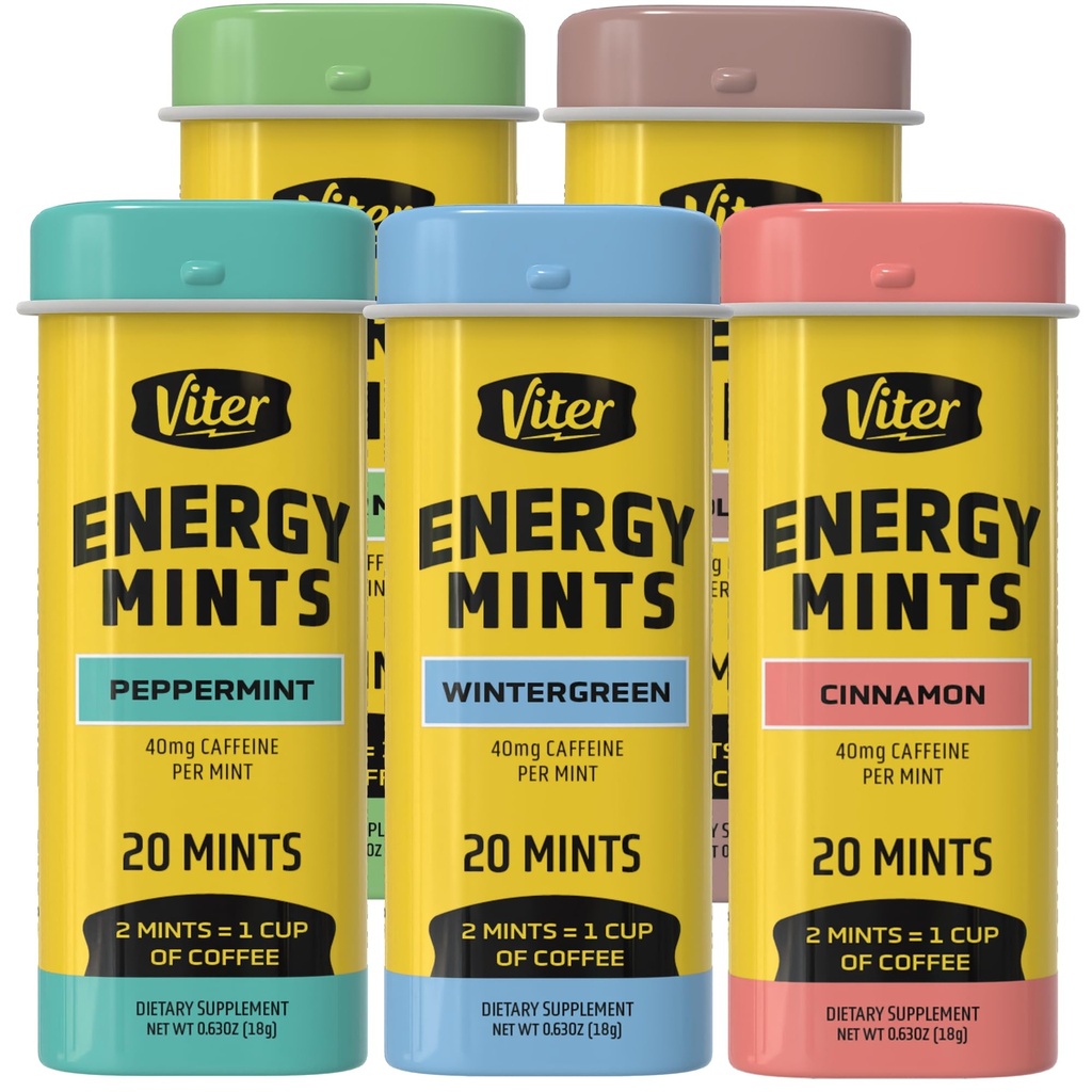 Viter Energy 40 מ"ג Caffeine Mints - סוכר חינם, ויטמין B, טבעוני, Boosts Fast Energyzed Alert Focus, Caffeinated Nootropic גלולות (Variety Flavors, 20pcs, 5 Pack, 100pcs Total)