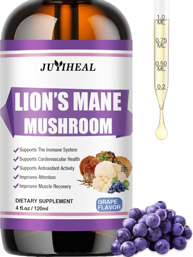 Lions Mane Liquid - Brain Support, Energy, Memory & Focus - Sugar & Alcohol-Free Lions Mane תוסף - 4 Fl OZ, 4 חודשים אספקה, Grape Flavor
