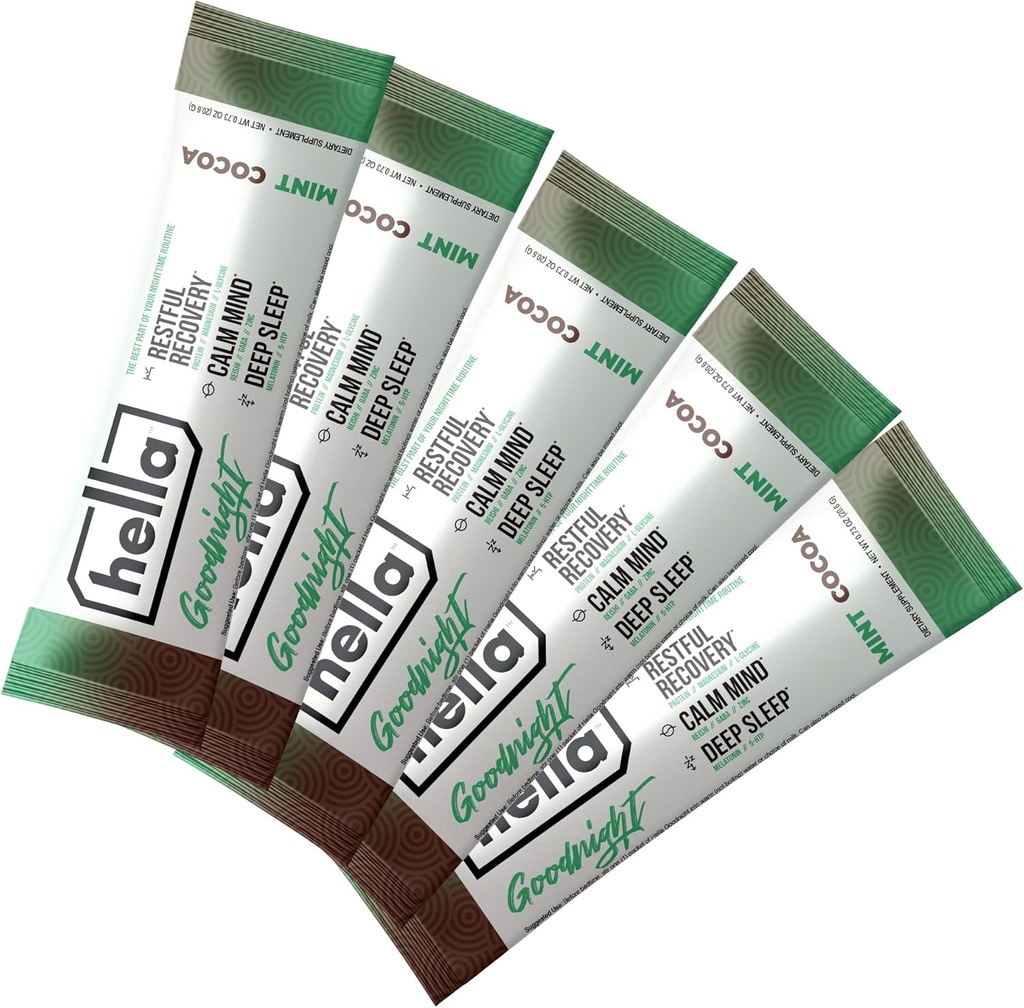 Hella Goodnight- Restful Recovery, Melatonin Sleep Drink Mix with Magnesium, 5-HTP, Reishi, GABA ו- Zinc, תומך בהתרגעת לילה, Falling Asleep & Staying Asleep, Mint Cocoa