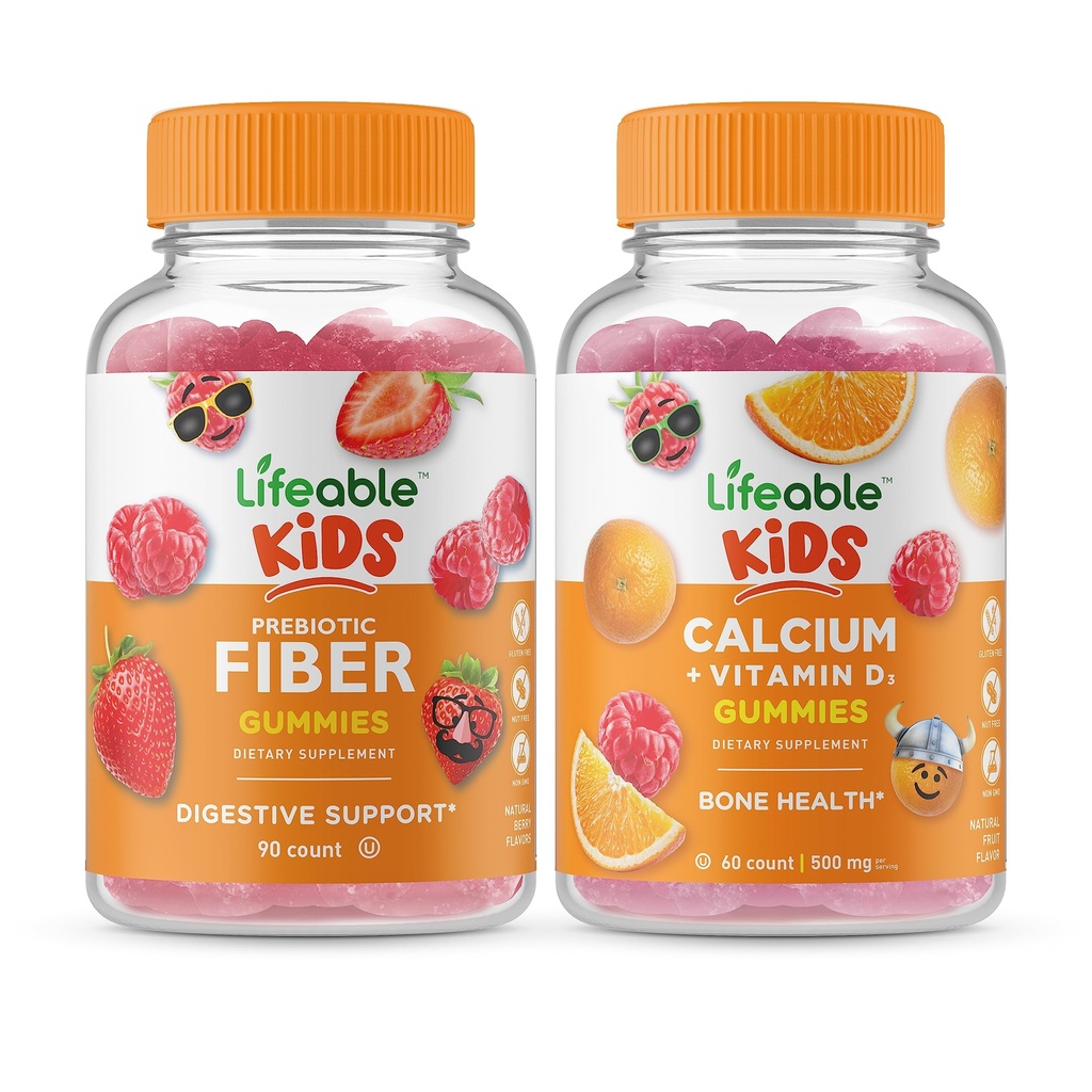 Lifeable Prebiotic סיבים ילדים + Calcium עם ויטמין D ילדים, חניכיים Bundle - גדול Tasting, ויטמין תוסף, Gluten Free, GMO חינם, Chewable Gummy