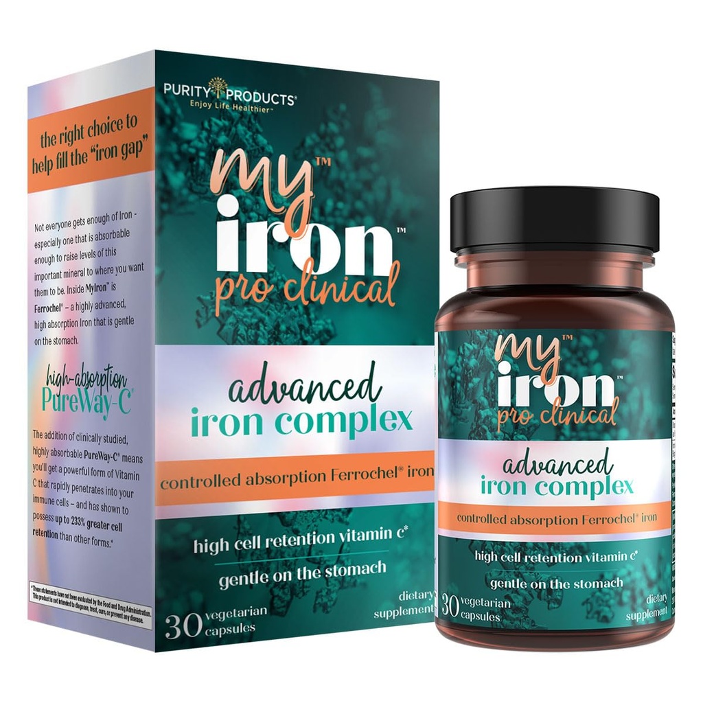 MyIron ProClinical by Purity Products - Iron (Ferrous Bisglycinate Chelelate) + ויטמין C (PureWay-C) - Gentle on the Stomach - Controlled Absorption - מקדם תאי דם אדומים בריאים - 30(1)