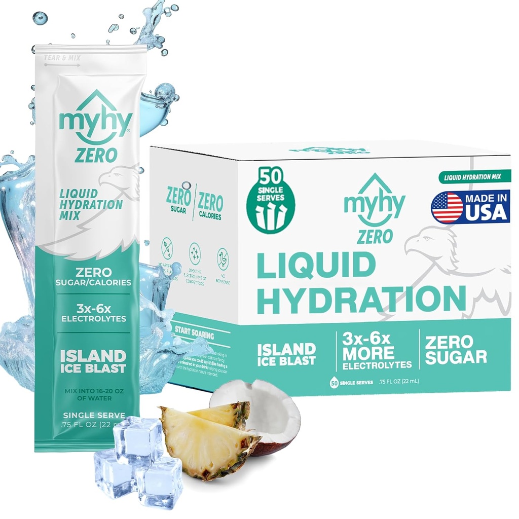 MyHy ZERO Liquid hydrotion Packets, Sugar Free Electrolyte Drink for Hydration Support, Dehydration Relief for Travel, Pregnancy, Fitness, First & Firstette Party - Ice Island, 50 Count Count