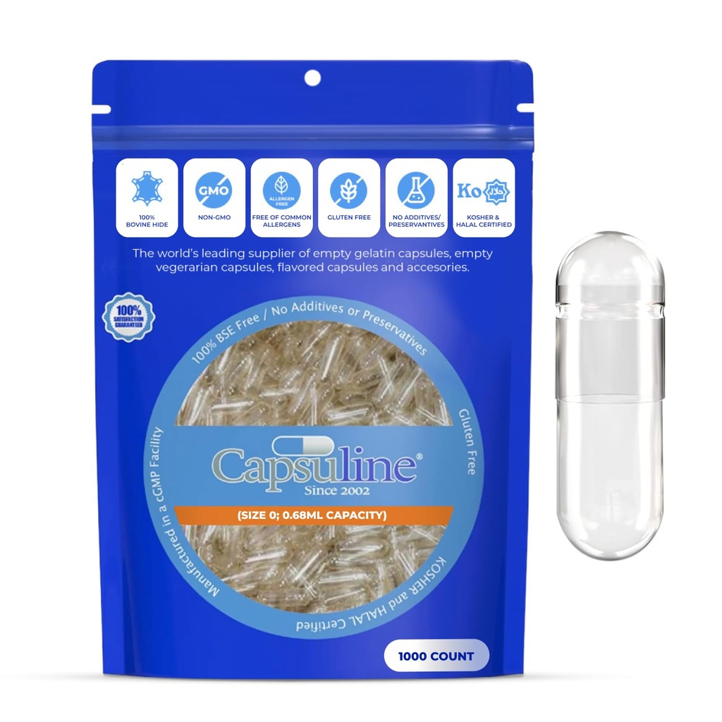 גודל Capsuline 0 ריק Gelatin קפסולות, Clear - 1000 Count | Gluten Free, כשר, non-GMO מוסמך | Pure Bovine Pill Caps for Fit Filling - 1000 Count