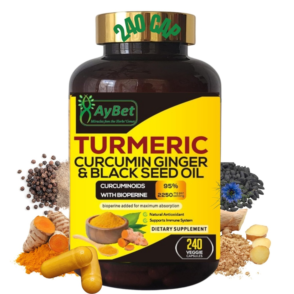World 1st.Turmeric Curcumin ג'ינג'ר & Black Seed שמן, 240 Caps, 2250 מ"ג, 95% Curcuminoids, BioPerin הוסיף, תוספת כוח, אורגני, הליל, טבעוני, תמיכה מערכת החיסון, אנטי-חמצן, תמיכה משותפת