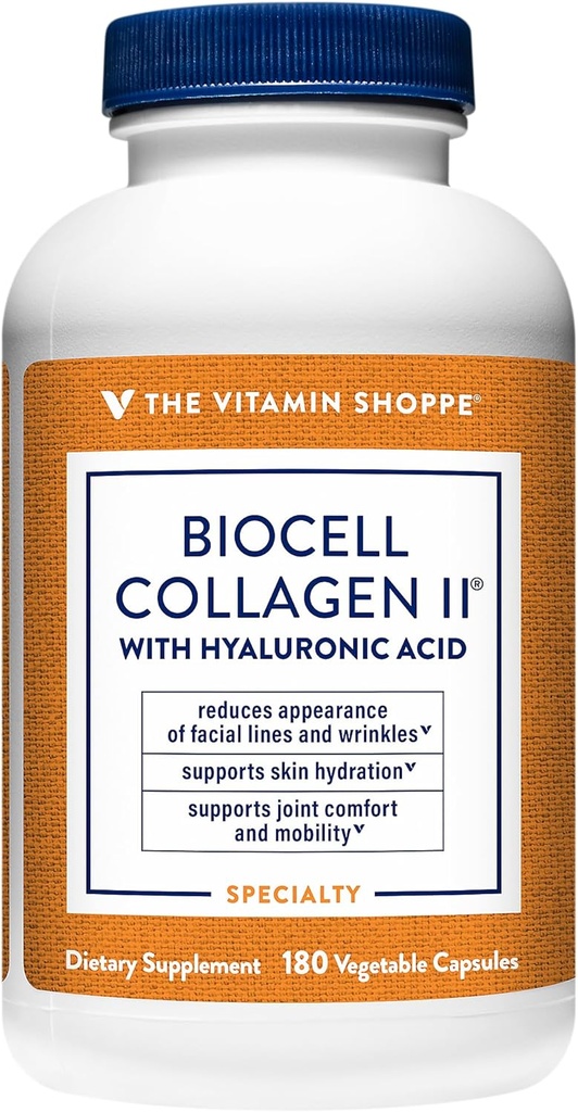 ויטמין Shoppe Biocell Collagen II עם Hyaluronic Acid 1000 מ"ג - מקדם עור בריא, מפרקים ו Cartilage - תמיכה הידרה ו-Allastity - עבור Daily Wellness (60 קפסולות ירקות)