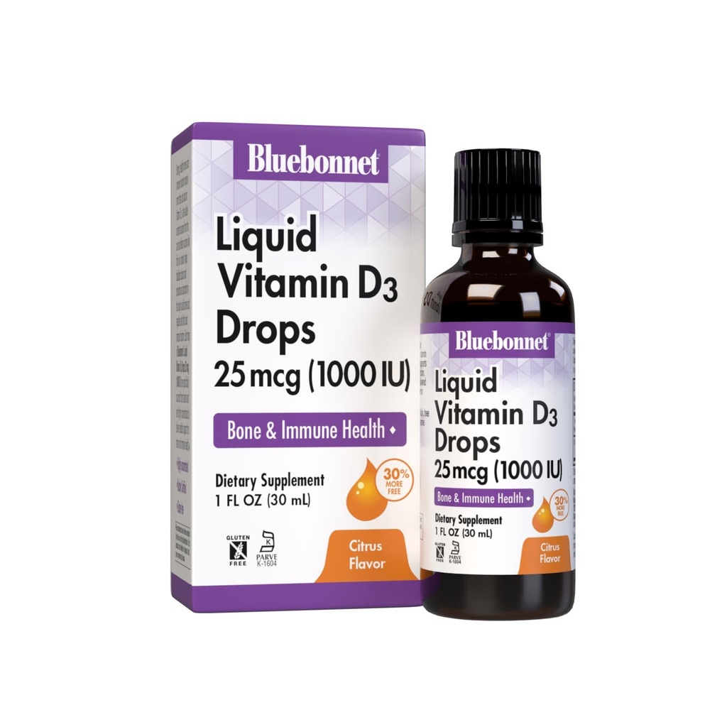 BlueBonnet ויטמין D3 1000 IU 25mcg Strong Bones & Immune Support Supplement - נוזלים עבור נשים וגברים - Lanolin VIT D טיפות עם שמן MCT - Non-GMO, Vegetarian - Citrus Flavor - 1 Fl Oz