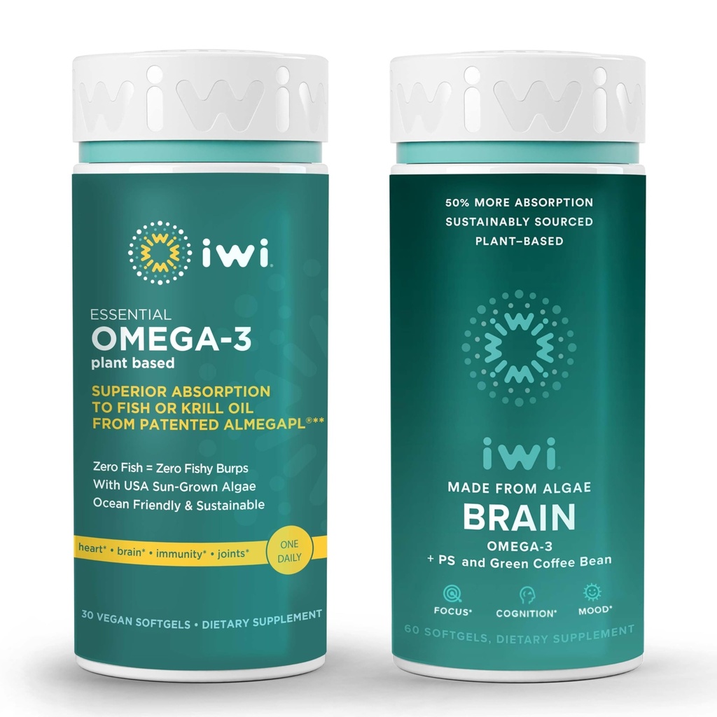 Iwi אומגה 3 Essential & Brain אומגה 3 Bundle, 30 משרתים, Algae אומגה 3 עם EPA + DHA, קריל & Fish שמן אלטרנטיבי, No Fishy Aftertaste