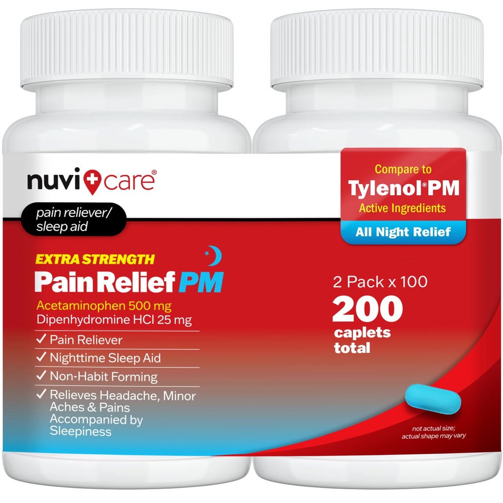 תוספת כוח כאב ראש - Acetaminophen 500mg & Diphenhydramine 25 מ"ג - בהשוואה ל-Tlenol ראש הממשלה תוספת כוח שינה עזרה - כאב ראש למבוגרים עבור Nighttime Aches & Pains (100 טבליות)