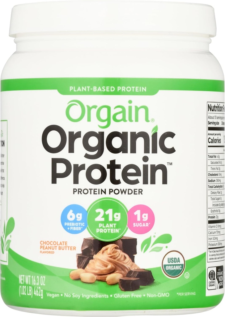 Orgain אורגני אבקת חלבון, שוקולד Peanut Butter - 21g של חלבון צמחי מבוסס פחמימות, נמוך נטו פחמימות, לא חלב, Gluten חינם, Lactose חינם, No Sugar הוסיף, Soy Free, כשר, 1.02 פאונד