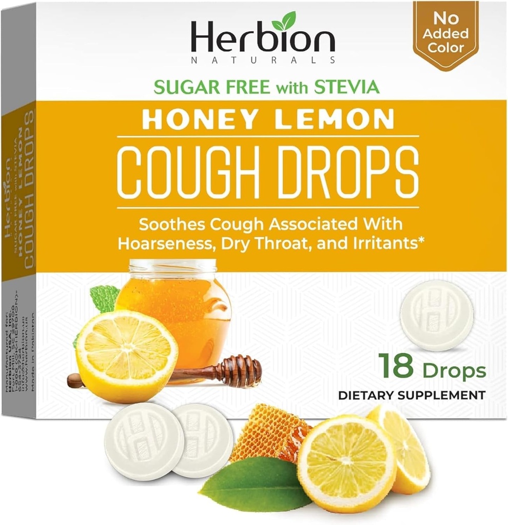HERBION Naturals Cough Drops, Sugar-Free עם Stevia, Dietary Supplement, Soothes Cough, עבור מבוגרים וילדים מעל 6 שנים, 25 טיפות כל אחד (18 Count (Pack of 1), דבש לימון)