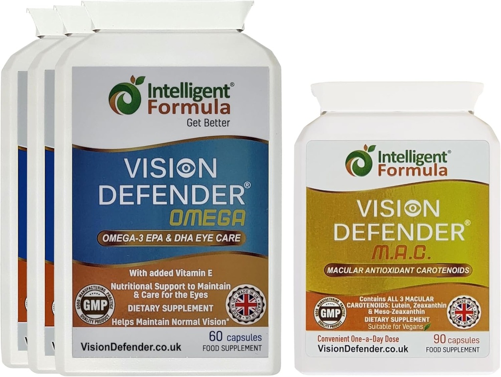 Vision Defender MAC & אומגה כל יום, Eye-Health Bundle (90 ימים אספקה). ויטמינים בעין כוללים Carotenoids Lutein, Zeaxanthin, אומגה 3 (DHA, EPA). מיוצר בבריטניה על ידי מומחי עיניים