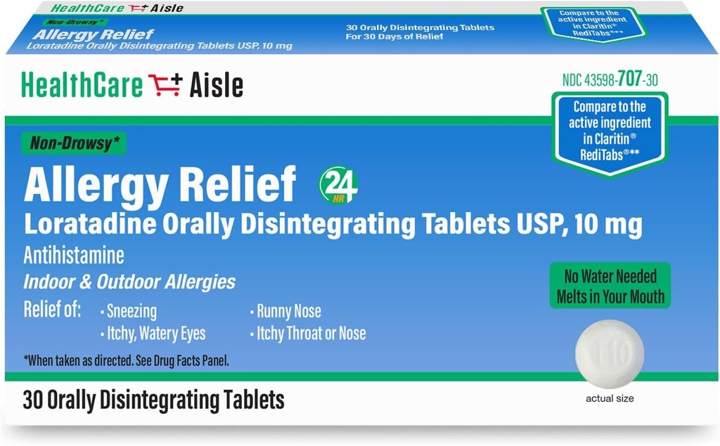 HealthCareAisle Allergy הקלה - Loratadine 10 מ"ג Orally Disintegrating Tablet USP - 30 טבליות - תרופות מרשם מקורי כוח אלרגיה, 24Hour הקלה