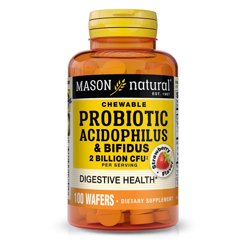 MASON NATURAL Probiotic Acidophilus עם Bifidus, 50 יום אספקת, תומך בריאות נורמליזציה, סטרוברי פלמור, 100 צ'ופרות