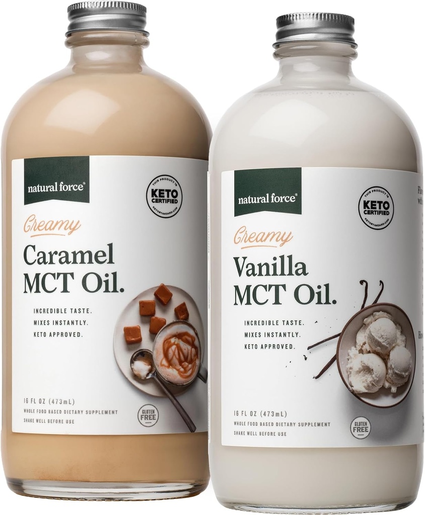 Natural Force Creamy Vanilla + Creamy Karamel MCT שמן Bundle - Gluten-Free, non GMO, Emulsified Flavored MCTs של קוקוס אורגני - Keto, Paleo ו טבעוני - 2x 16 בקבוקי זכוכית Ounce זכוכית