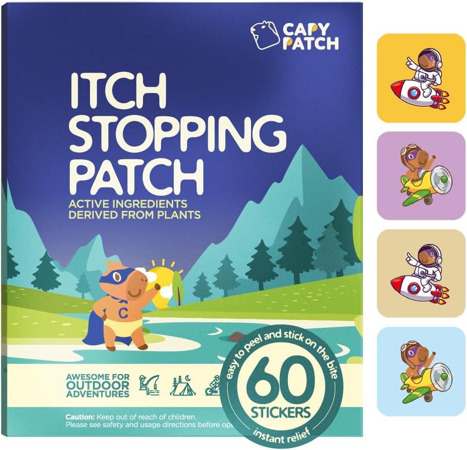 CAPY באג Bite Itch Relief Patches לילדים - 60 Count, Travel & Camping Essentials, Hydrocortisone Alternative, Itch Relief מדבקות עבור Mosquito & Bug Bites