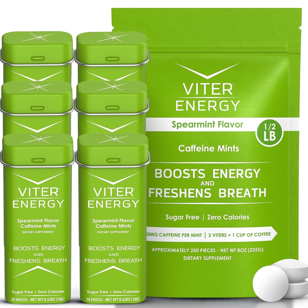 Viter Energy Original Caffeine Mints Spearmint Flavor 6 Pack ו 1/2 פאונד בולק באג Bundle - 40 מ"ג Caffeine, B ויטמינים, סוכר חינם, טבעוני, אנרגיה חזקה Booster עבור Focus ו התראה