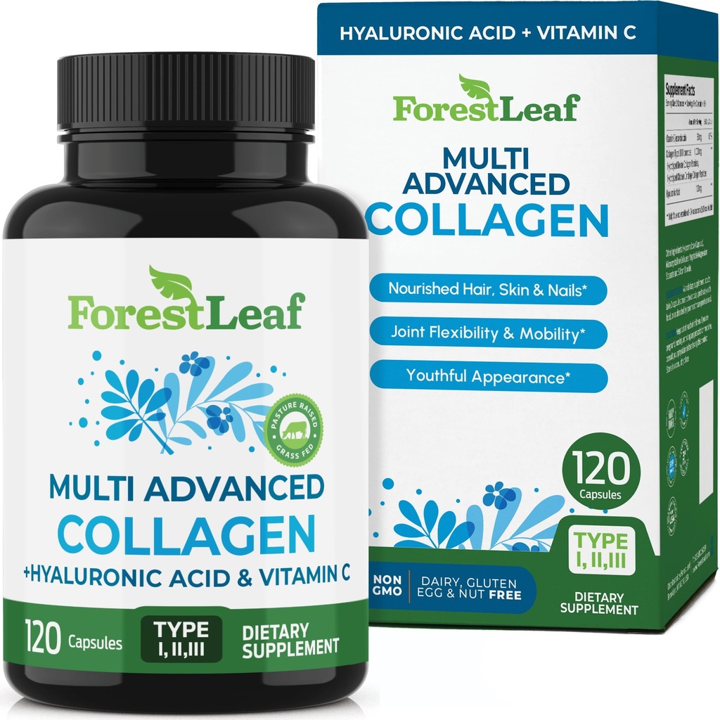 ForestLeaf Multi Collagen Pills with Hyaluronic Acid + ויטמין C | תוספי קולאזיד קולגן לנשים או גברים | קפסולות מרובות קולגן פפטים לעור, Wrinkles, 120 Caps Caps