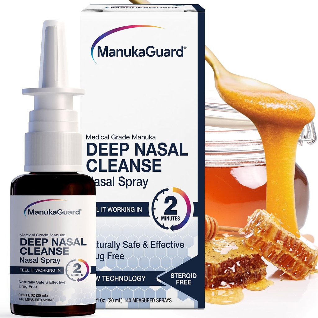 ManukaGuard Medical Class Manuka Honey Natural Nasal Spray עם פתרון Saline לתמיכה קהילתית, Sinus ו-Allergy הקלה, Nasal Moisturizing, ניו זילנד דבש, MGO 600, 0.65 oz בקבוק