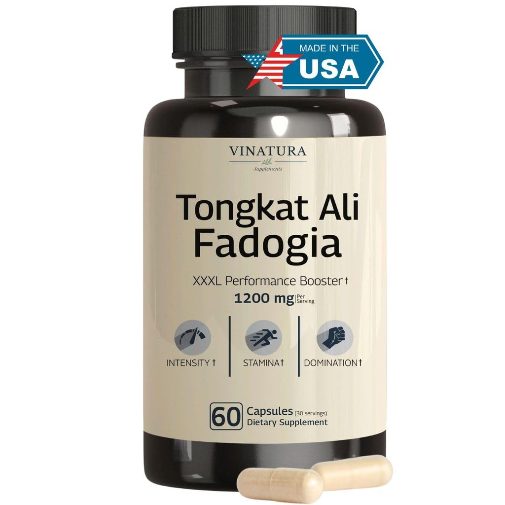 Tongkat Ali Fadogia Agrestis - 1200 מ"ג, משופרת עם תוסף Nitric Oxide Booster, Longjackטונגkat Ali for Men, *USA Made and Tested *, 60 קפסולות