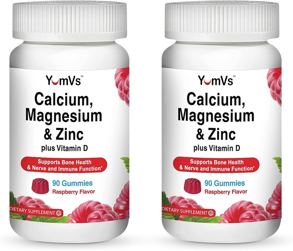 YUM-V'S Calcium, Magnesium, Zinc ווויטמין Dmies (90 Count) - Calcium Gummies עם ויטמין D3 + Zinc & Magnesiums - תוספת בריאות העצם טעימה לגברים, נשים וילדים