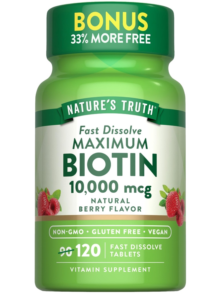 האמת של הטבע ביוטין 10000mcg | 120 טבליות מפוכחות מהירה | כוח מקסימלי | Natural Bre Flavor | טבעוני, Non-GMO & Gluten Free Supplement
