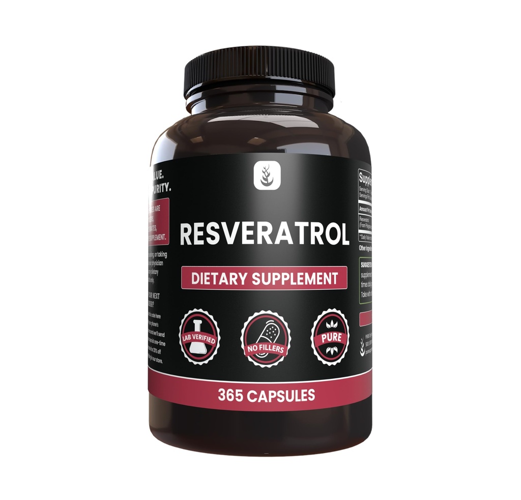 UnIGINAL INGREDIENTS Resveratrol (365 קפסולות) No Magnesium Or Rice Fillers, Always Pure, Lab מאומתת